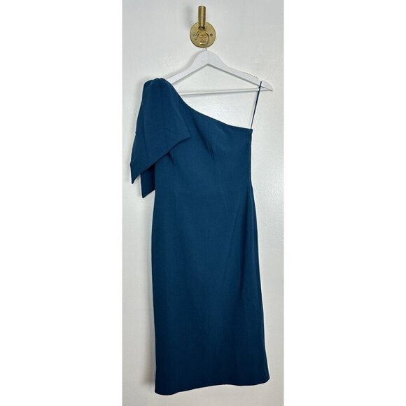 DRESS THE POPULATION Tiffany One-Shoulder Midi Dress in Peacock Blue Size Medium - Picture 6 of 12